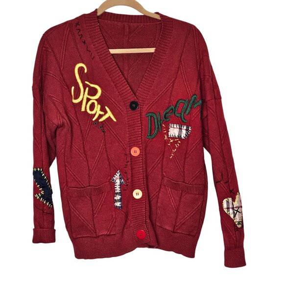 Colorful Embroidered Patchwork Red Cardigan Sweater Button Front Pockets Size M - Picture 1 of 9